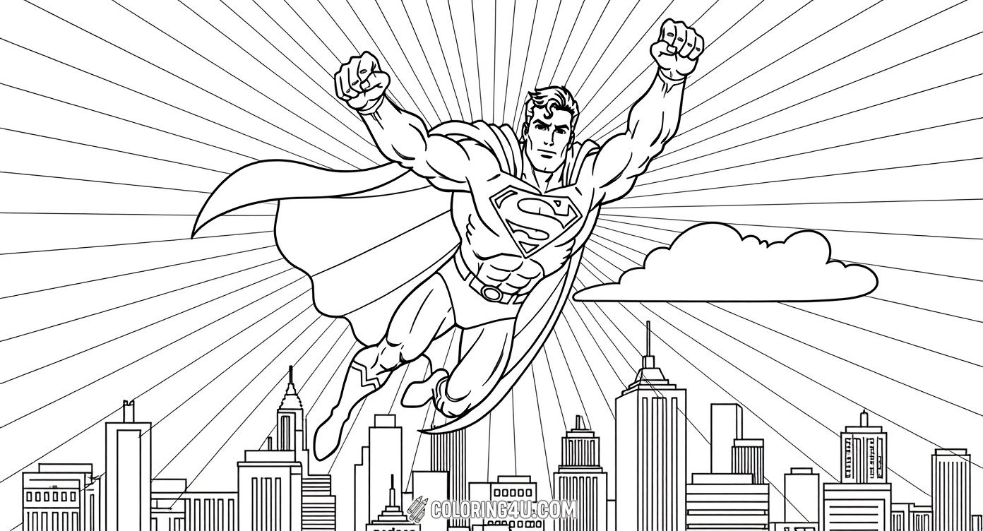 Get ready to color an inspiring scene of Superman soaring high above a bustling city with the sun's rays shining brightly behind him. This dynamic image invites kids to add vibrant colors to the superhero and the city skyline, sparking their creativity and love for adventure!