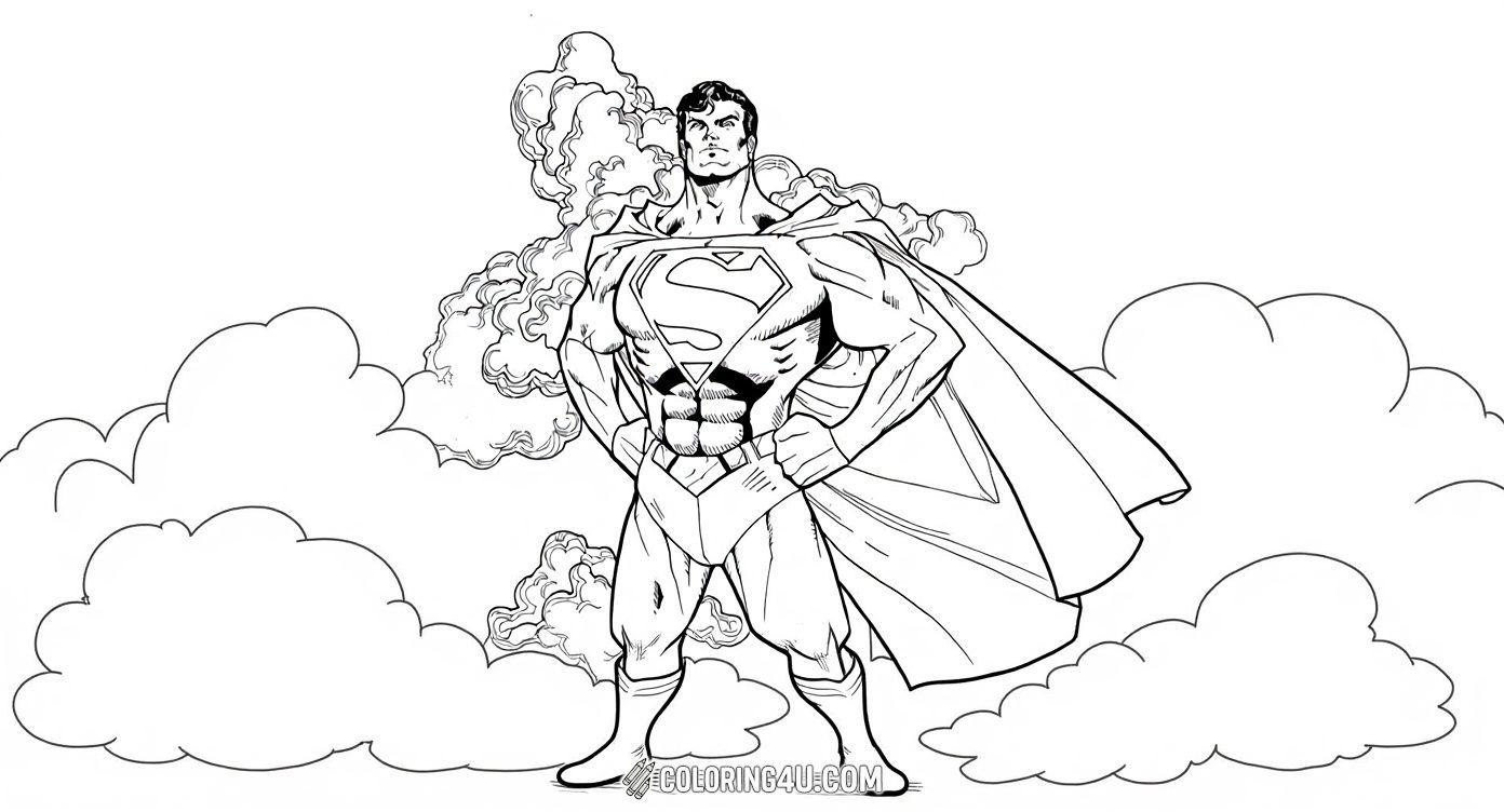 Here is a fantastic coloring page of Superman standing tall and proud with his hands on his hips, surrounded by clouds. Children will love coloring this powerful pose of the famous superhero ready to protect the world.