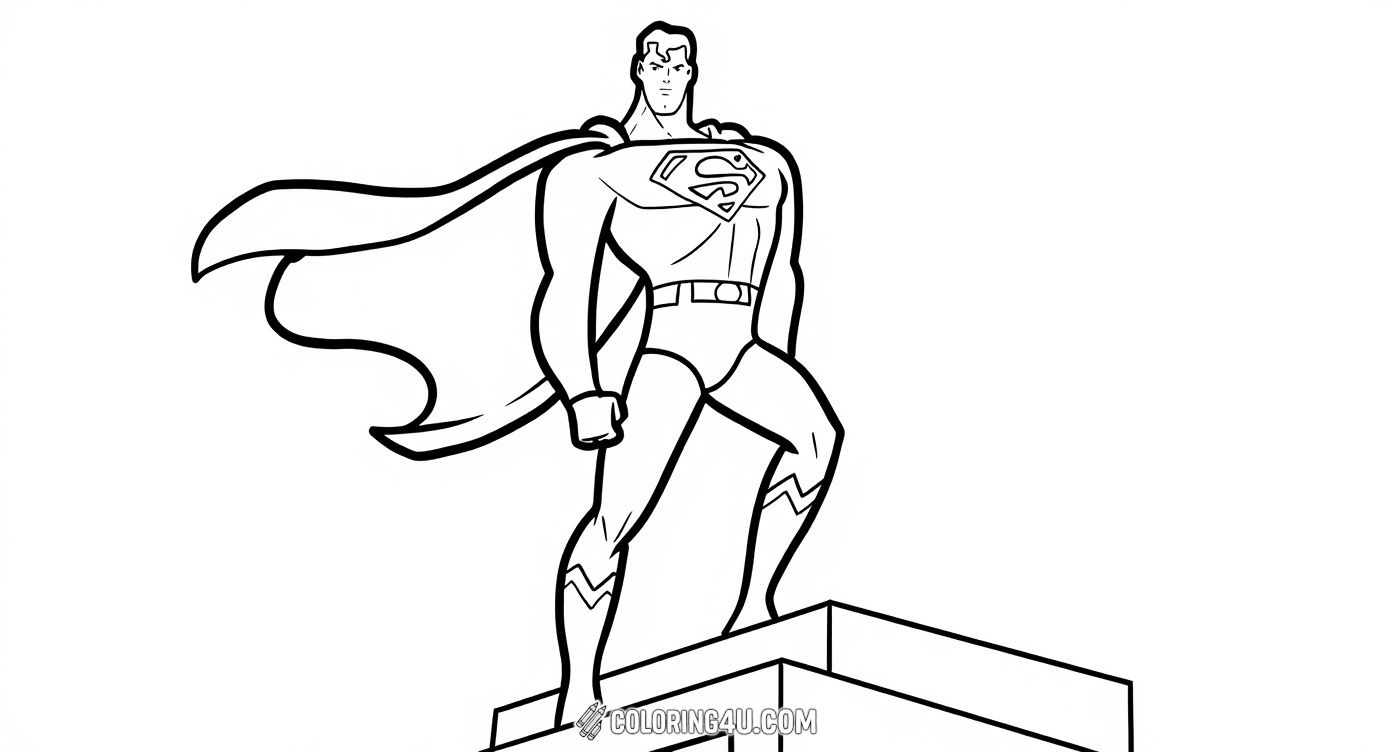 This coloring page features Superman standing proudly on top of a building with his cape flowing in the wind. Kids can have fun bringing this heroic scene to life with vibrant colors as Superman watches over the city from above.