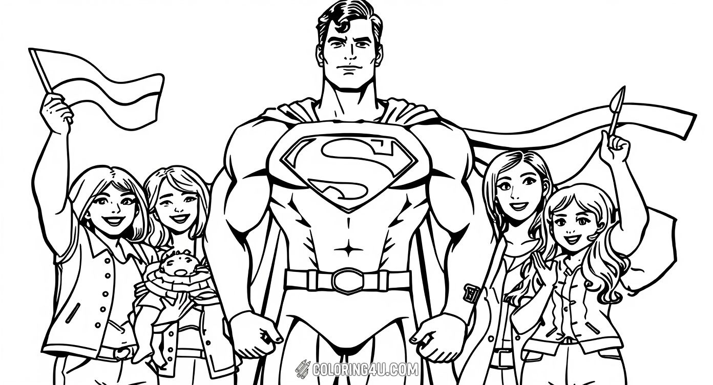 This delightful coloring page shows Superman standing confidently surrounded by cheerful civilians waving flags and smiling. Kids can enjoy coloring this uplifting scene that celebrates Superman as a beloved hero loved by everyone.