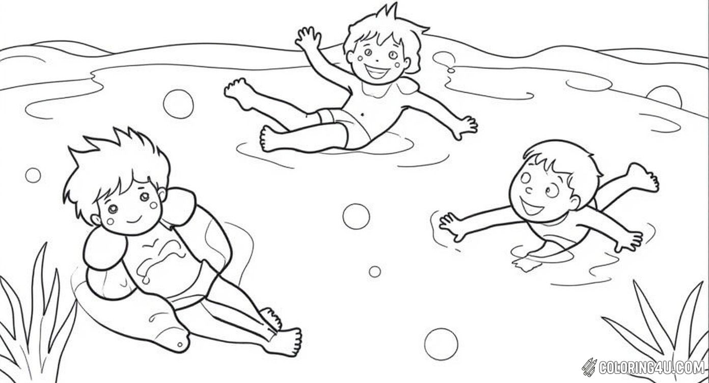 Dive into the underwater adventure with this exciting coloring page featuring children swimming beneath the pool surface. One child is wearing snorkeling gear while others splash and play around bubbles and little fish. It’s a perfect image to color and imagine an underwater swimming adventure!