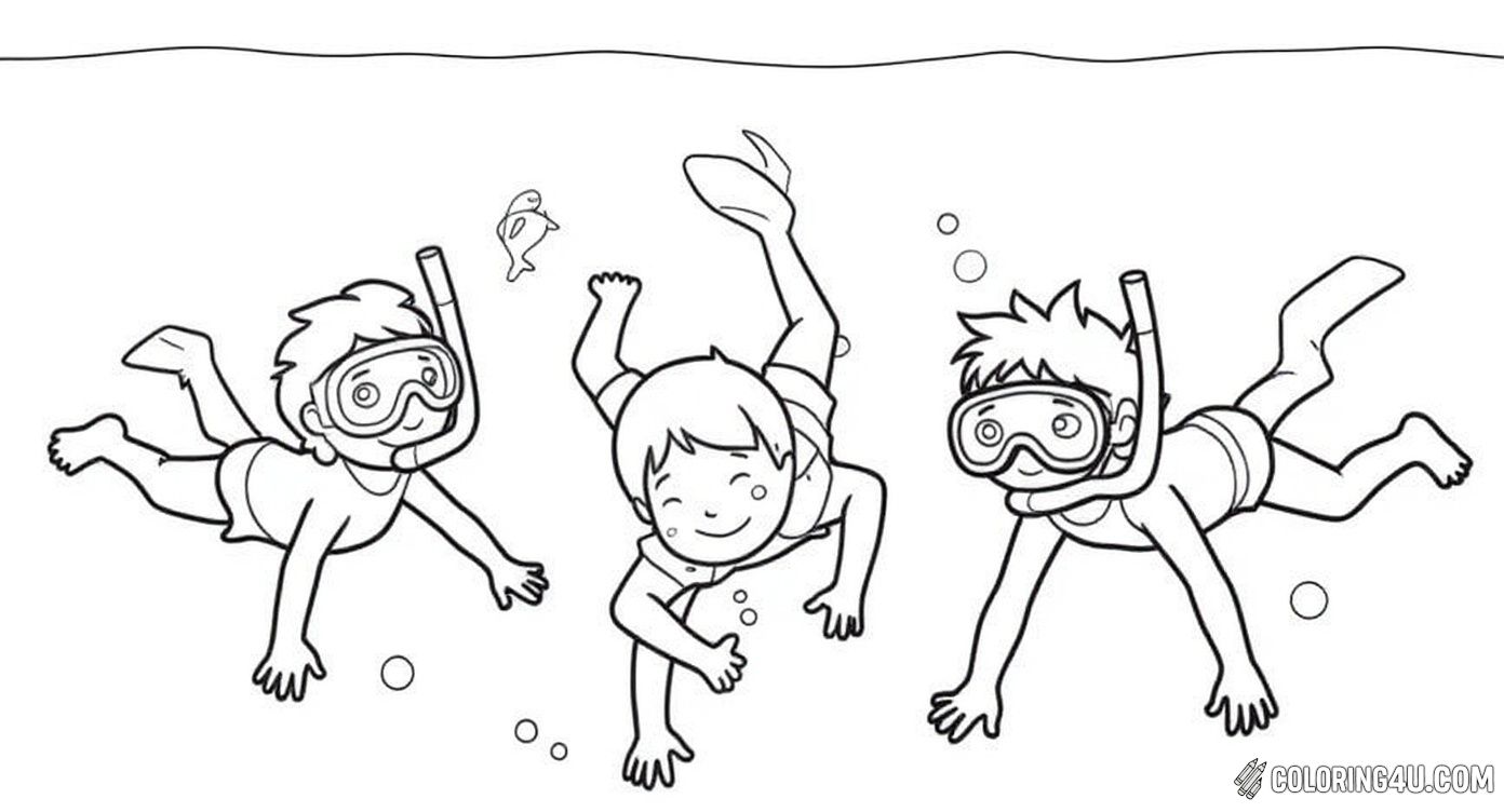 Children Swimming Underwater With Snorkel Mask
