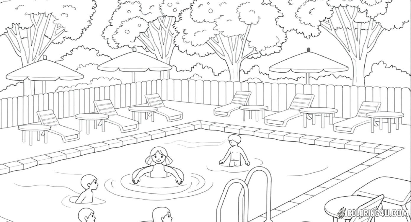 This delightful coloring page shows kids playing happily in an outdoor swimming pool surrounded by lounge chairs and umbrellas. The scene is set in a garden with trees and a wooden fence, inviting kids to bring the fun poolside atmosphere to life with their colors!