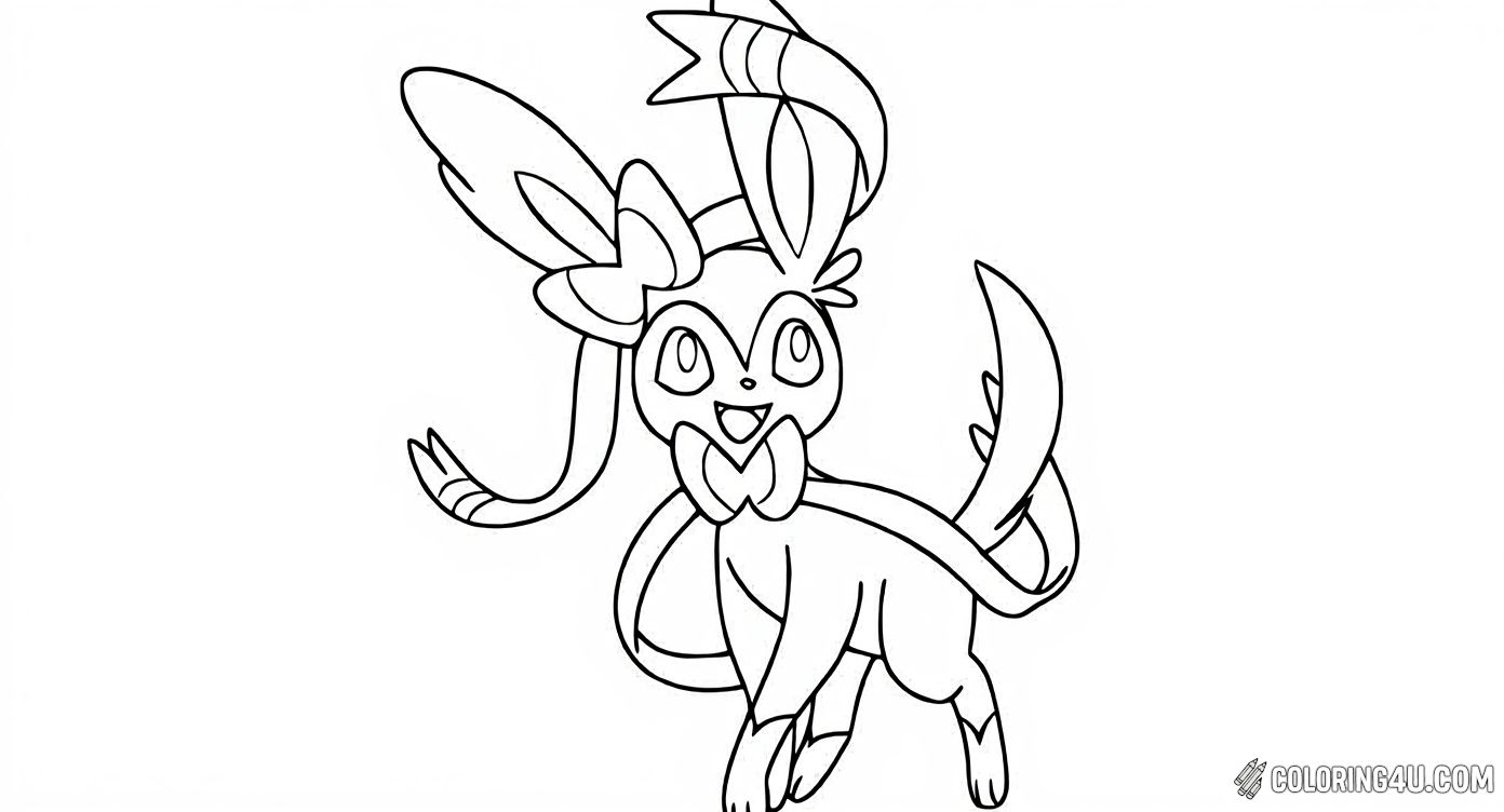 This delightful coloring page features Sylveon, a charming fairy-type Pokémon, standing happily with its signature ribbons flowing around it. Kids can enjoy bringing this cute character to life with their favorite colors and imaginative touches.