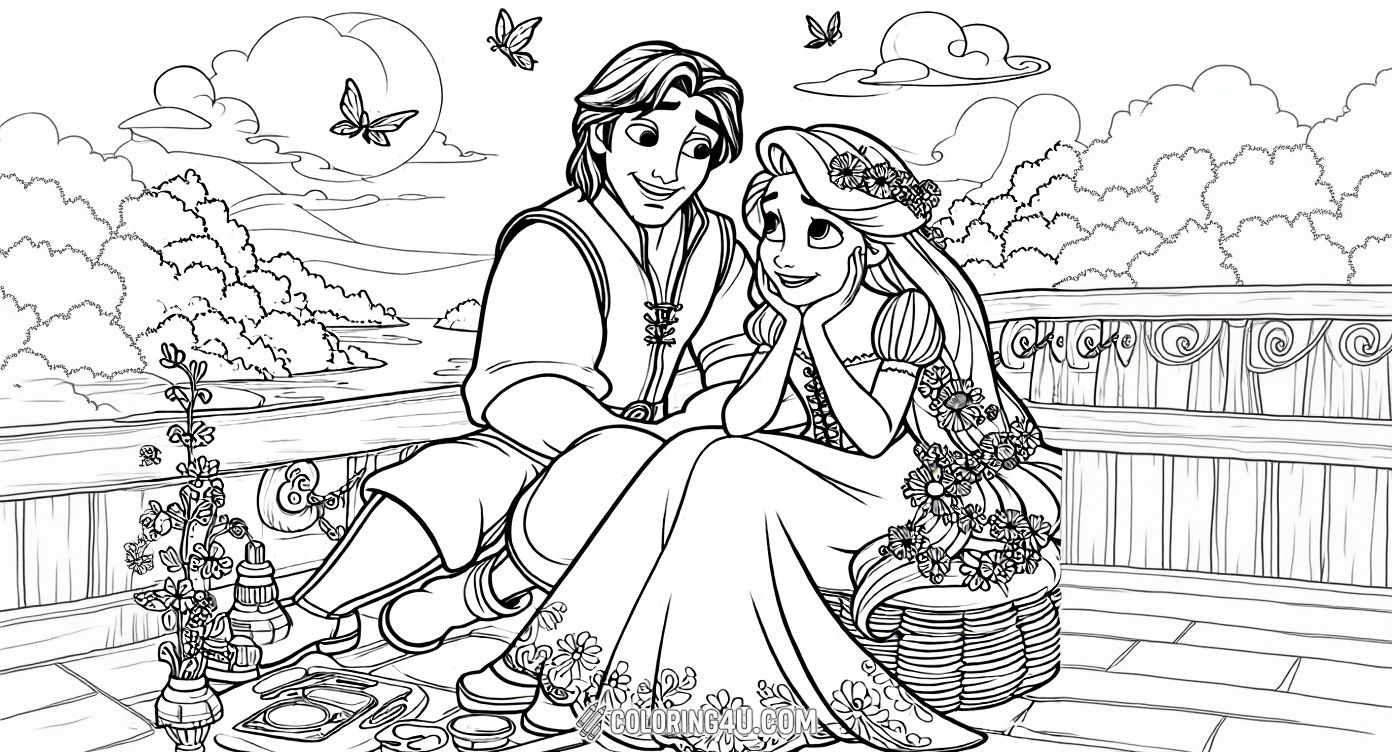 This coloring page features Rapunzel and Flynn Rider from Disney's Tangled enjoying a magical moment together on a picnic. Surrounded by butterflies and beautiful nature, Rapunzel's long flowing hair is decorated with flowers, making it a fantastic scene for kids to bring to life with their favorite colors.