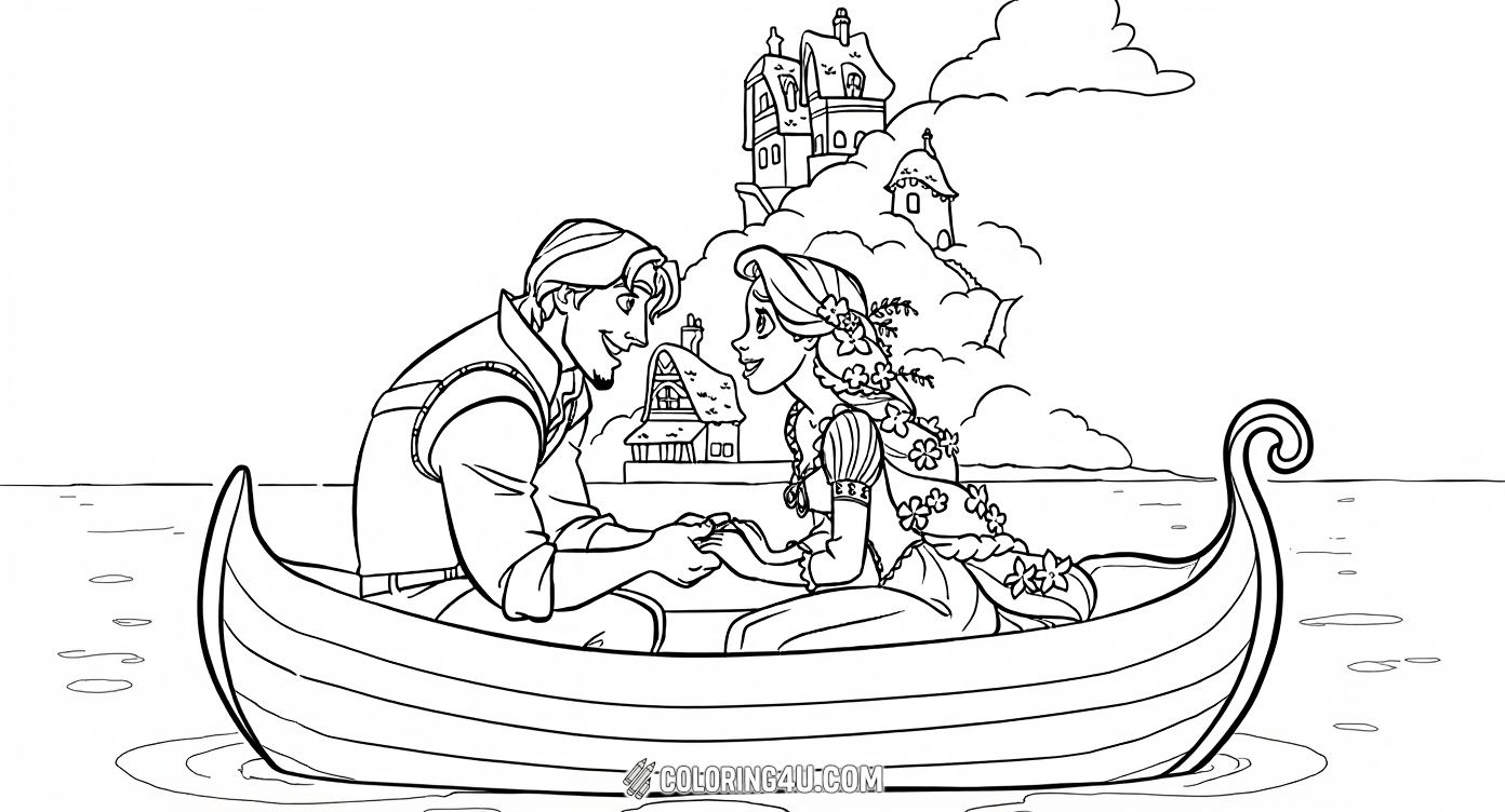 This delightful coloring page shows Rapunzel and Flynn Rider sharing a tender moment together in a rowboat, set against a charming backdrop of quaint houses and gentle clouds. Kids can enjoy coloring their expressions of friendship and adventure while imagining their own fairy tale story.