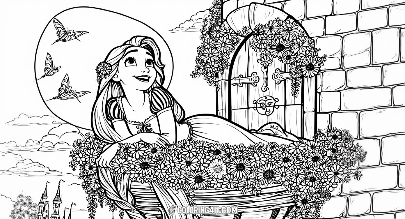 Join Rapunzel from Tangled as she leans dreamily on her flower-filled balcony, watching delicate butterflies flutter in the sunshine. This enchanting scene invites kids to add vibrant colors to the castle background, her long flowing hair, and the beautiful blooms surrounding her.