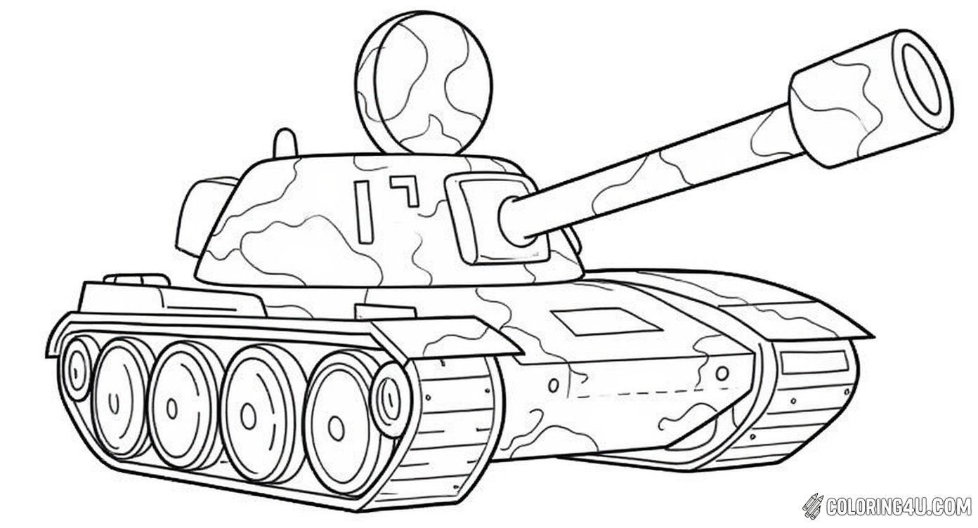 This fun and slightly cartoonish tank features camouflage patterns and bold numbers, making it an exciting page to color. Kids can express their creativity by choosing vivid or realistic colors for the tank’s unique design.