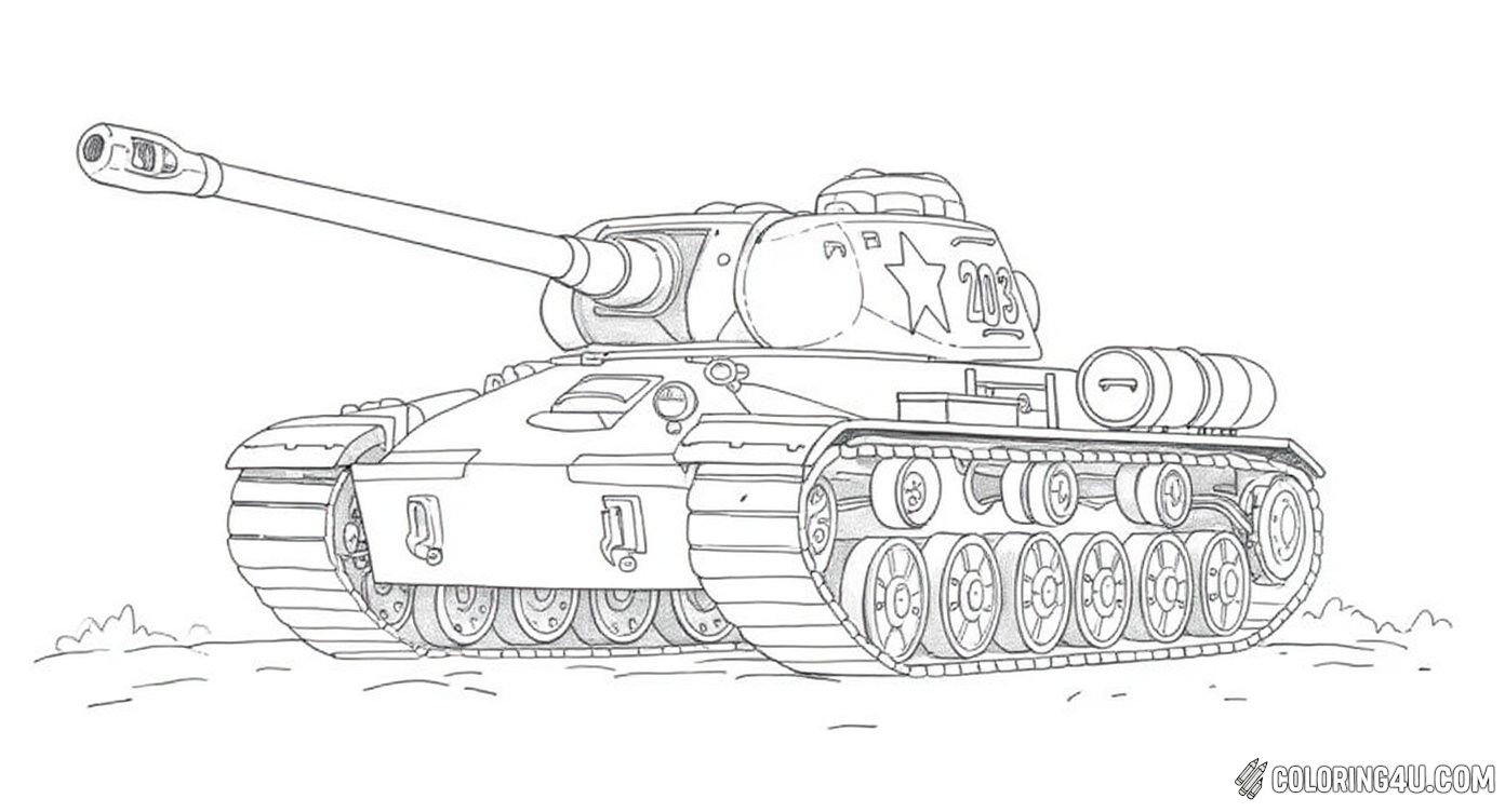 Here is a classic World War II tank marked with the number 203 and a star, set on a simple battlefield background. Young artists will enjoy coloring this piece of history and imagining the stories behind this strong war machine.