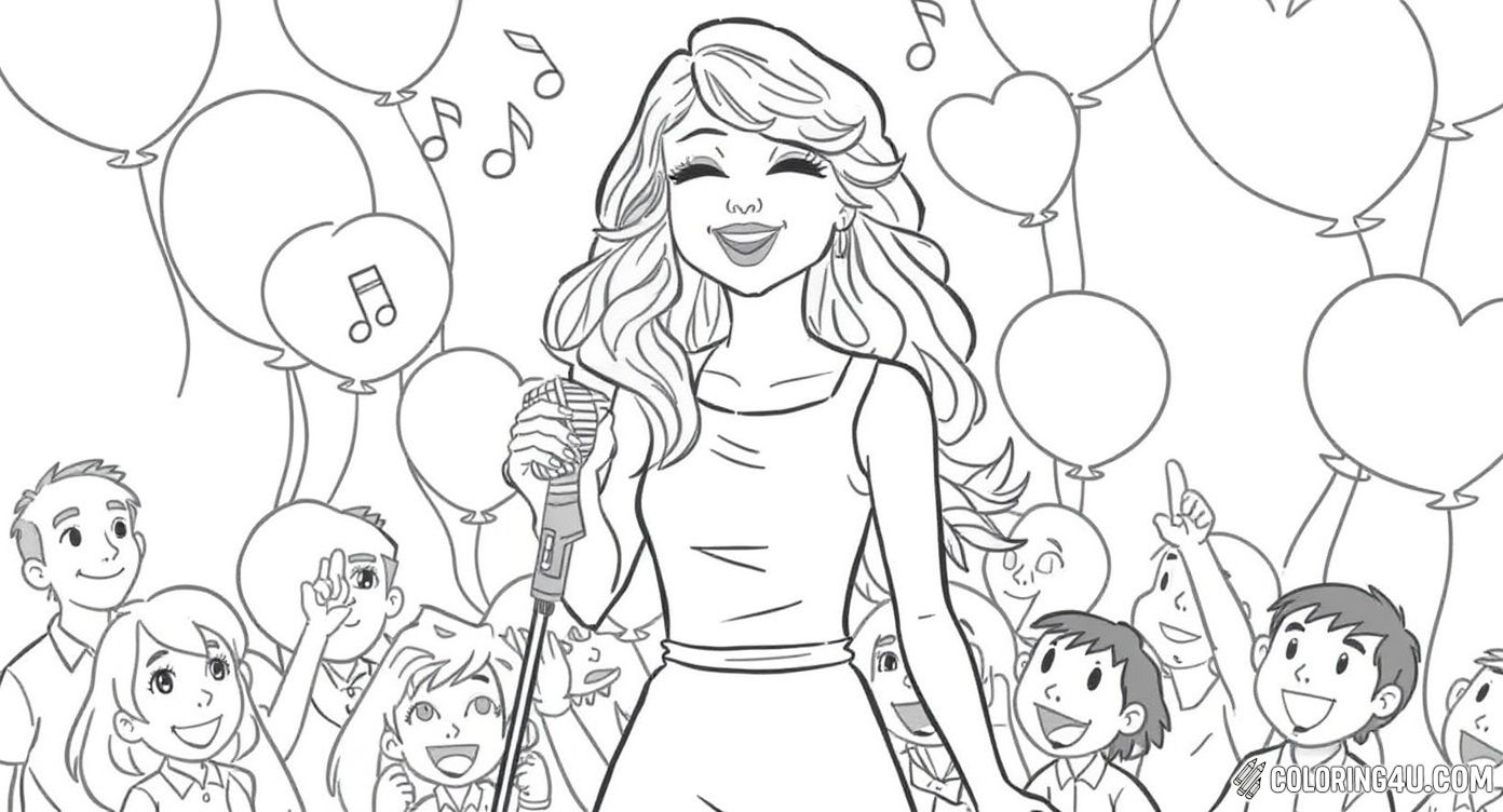 Get ready to join the fun in this lively coloring page showing a cheerful girl singing into a microphone. The background is filled with music notes, balloons, and an excited crowd, creating an energetic and joyful atmosphere perfect for kids to color and enjoy.