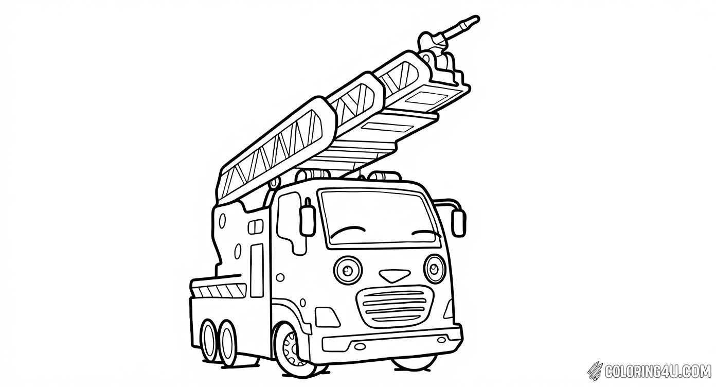 This fun coloring page features a friendly fire truck from the popular children's series Tayo the Little Bus. Kids can enjoy adding vibrant colors to this brave fire truck as it helps put out a fire in a city filled with tall buildings and smoke.