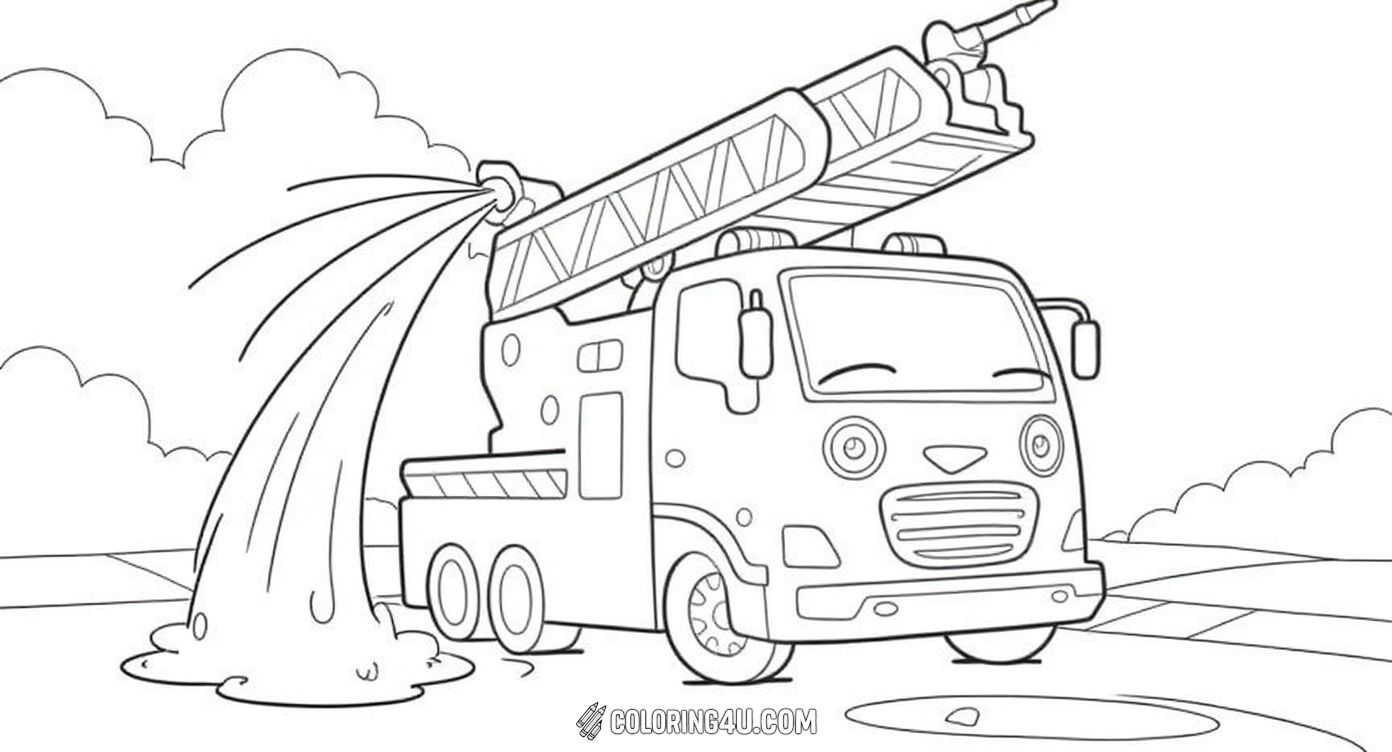 Join the brave firetruck on an exciting rescue mission in this coloring page! With a big smile and its ladder stretched high, this heroic vehicle is ready to save the day. Kids will love coloring this action-packed scene full of fun details.
