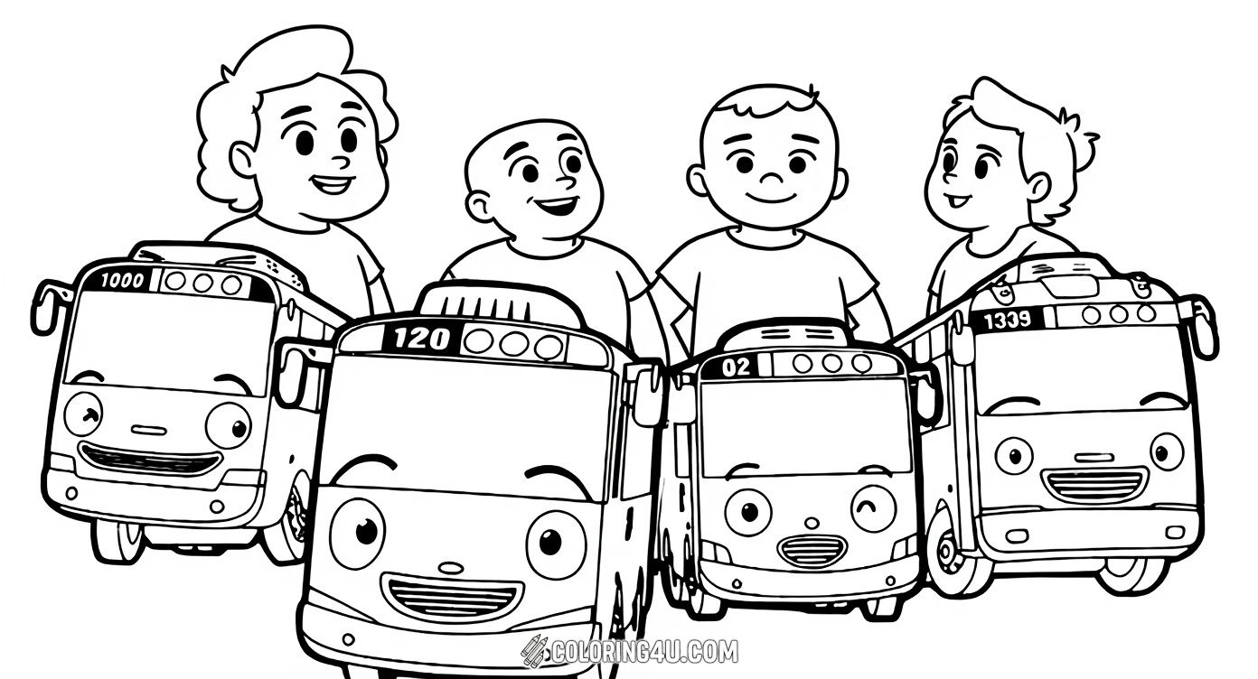 Meet Tayo and his friends in this fun group coloring page inspired by the animated series Tayo the Little Bus! Four happy buses are ready for adventure, inviting kids to use their creativity with colors and bring this friendly team to life.