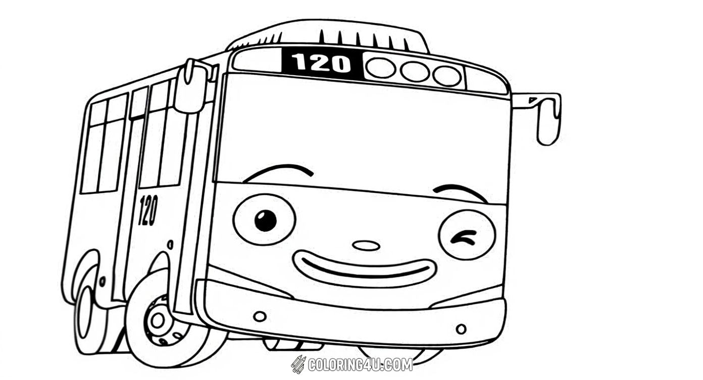 This delightful coloring page features Tayo, the cheerful little blue bus, smiling and winking at you! It's a perfect picture for kids to add bright colors and bring this friendly character from the popular animated series to life.