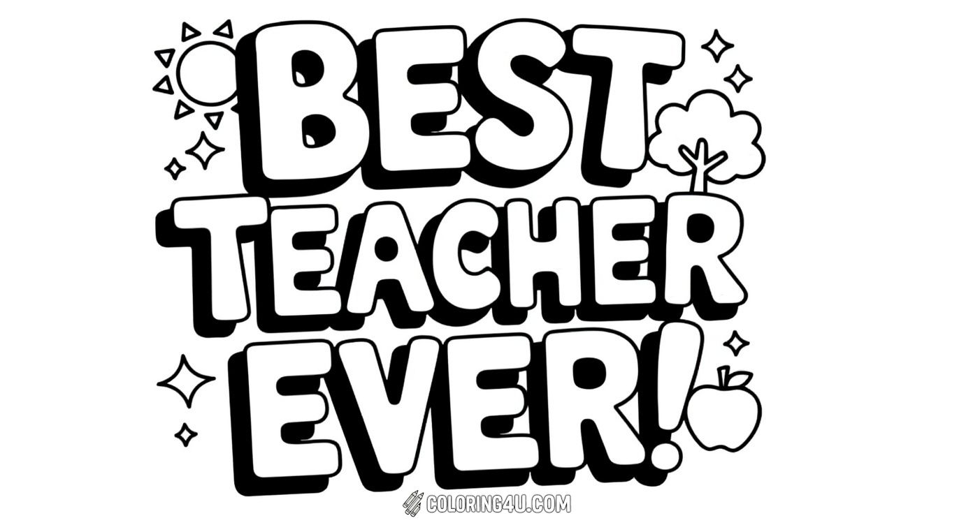This fun and inspiring coloring page features the phrase 'Best Teacher Ever!' in big, bold letters. Kids can decorate the letters along with little drawings of a tree, stars, and an apple to show appreciation for their favorite teacher.