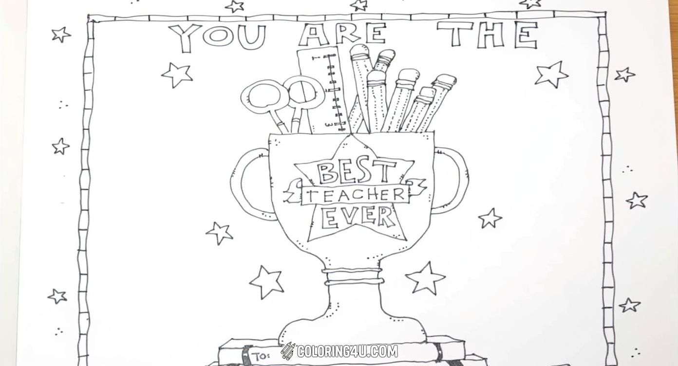 This delightful coloring page features a big trophy labeled 