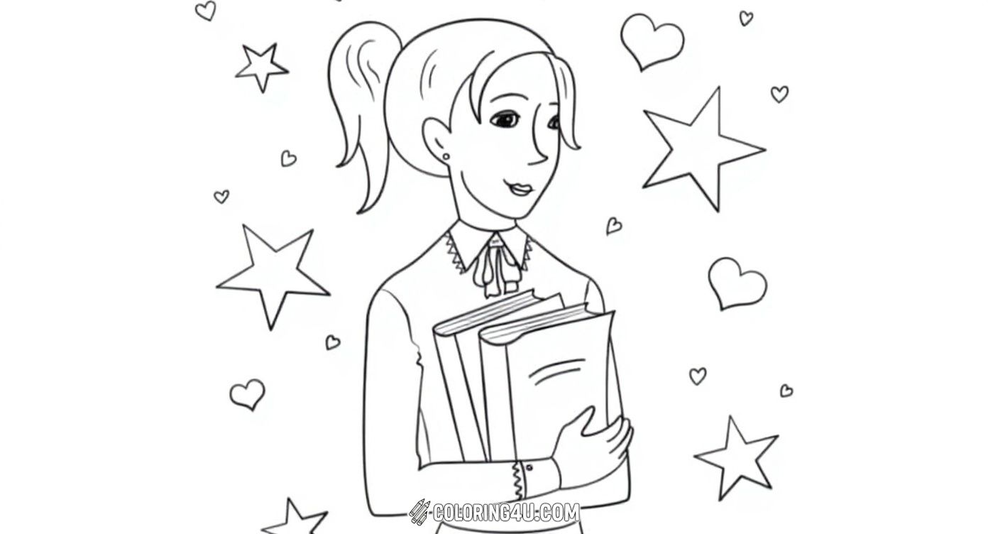 This lovely coloring page shows a kind teacher holding a stack of books with stars and hearts floating all around. The words 'BEST TEACHER' shine brightly at the top, inviting kids to color and personalize this wonderful tribute to their favorite educator with lots of bright and happy hues.