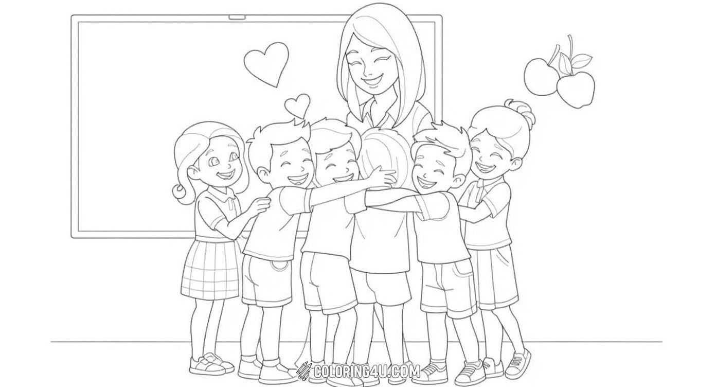 Fill this heartwarming image of a smiling teacher surrounded by happy children giving her a big group hug, symbolizing friendship and kindness in the classroom.