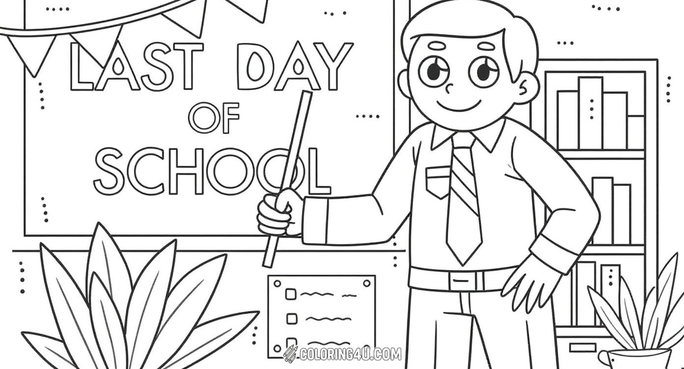 Bring to life this cheerful teacher celebrating the last day of school, standing confidently with a pointer stick in a decorated classroom filled with books and a potted plant.