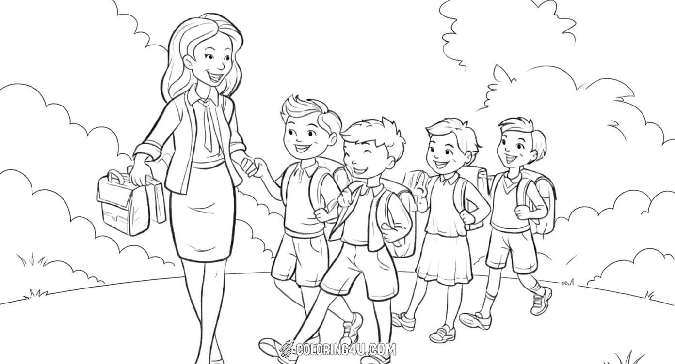 This charming coloring page shows a friendly teacher leading a group of happy children on an educational outing outside. Kids can color the smiling faces, backpacks, and nature background, capturing the joy of learning outside the classroom.