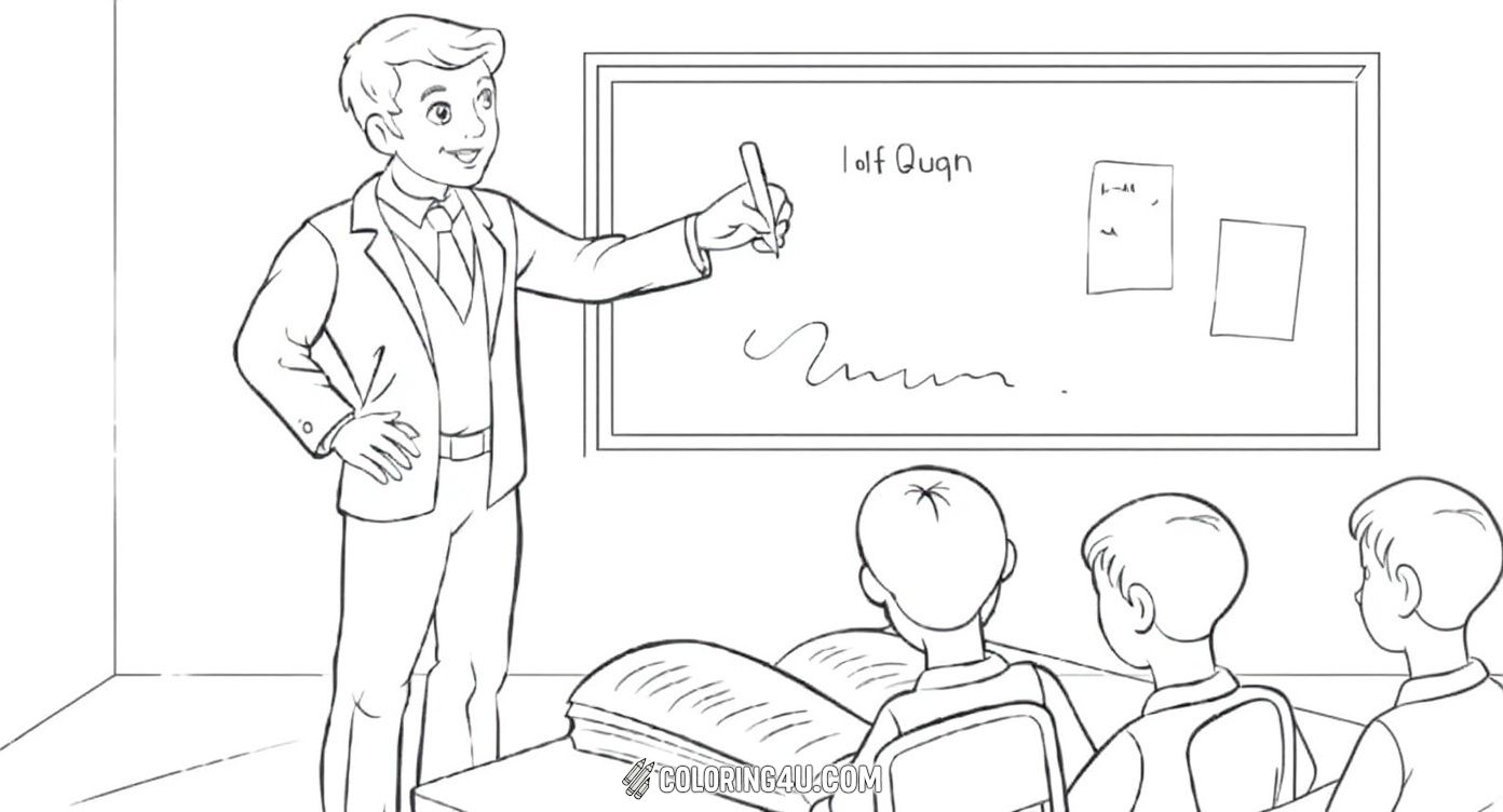 Color this delightful scene of a teacher using a whiteboard to teach two eager students sitting at their desks, ready to learn and have fun in the classroom.