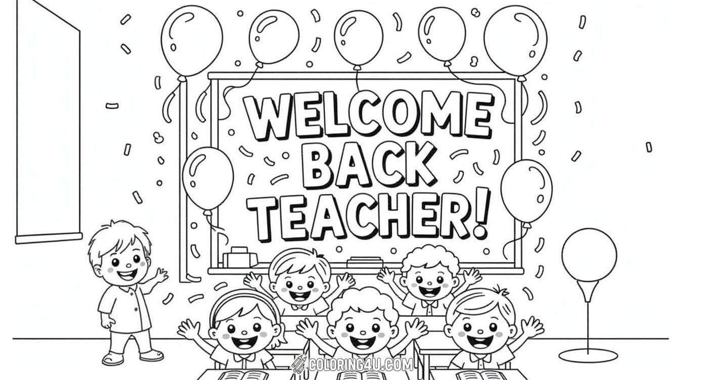 Celebrate the start of the school year with this cheerful coloring page showing five happy children sitting in a classroom with open books, raising their hands in excitement. The large 