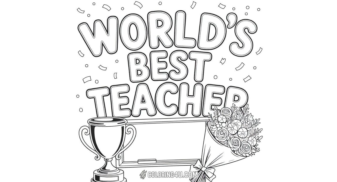 This coloring page celebrates the world's best teacher with a bold, cheerful message surrounded by confetti. Kids can have fun coloring a shining trophy and a beautiful bouquet of flowers, making it a perfect tribute to a special teacher.