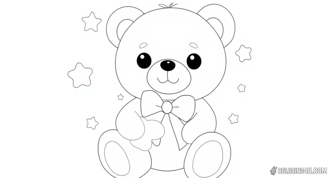 This delightful coloring page features an adorable teddy bear with a big bow around its neck and cute hearts on its paws. Surrounded by twinkling stars, this charming image invites children to add bright and joyful colors to light up this lovable friend.
