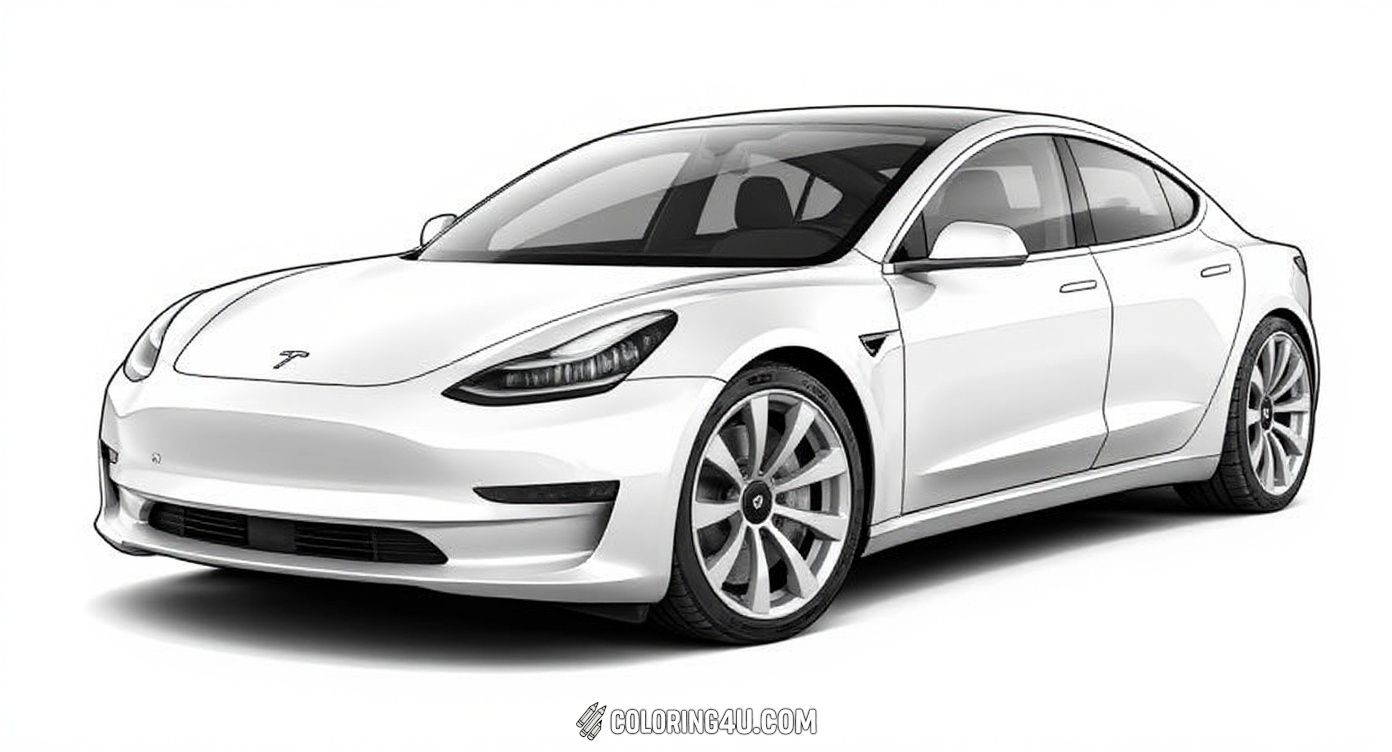 This coloring page features a sleek and futuristic Tesla Model 3 electric car. Kids can have fun bringing this modern vehicle to life with their favorite colors while learning about innovative electric cars that help protect the environment.
