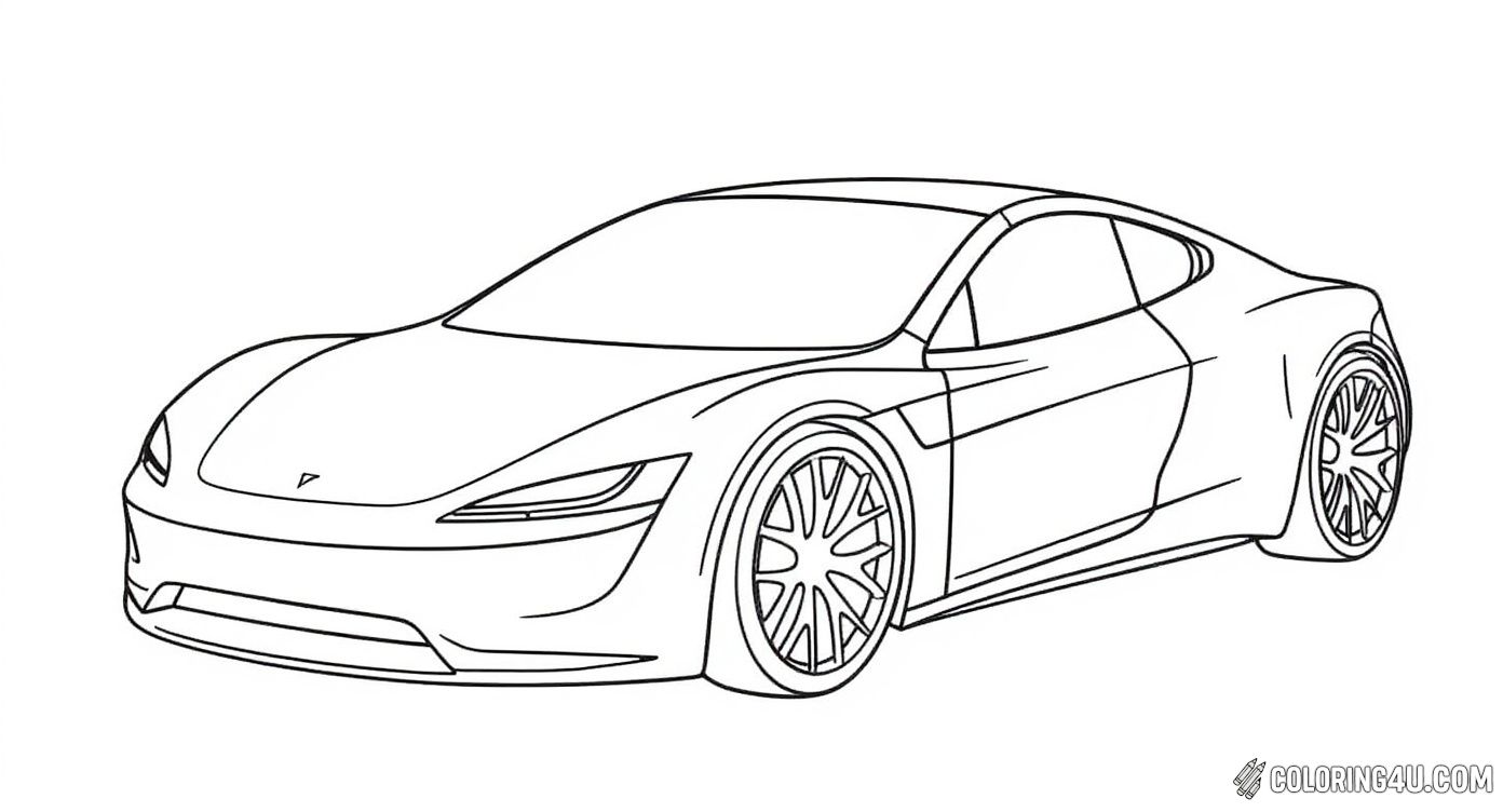 This exciting coloring page showcases the Tesla Roadster, a sporty electric car known for its speed and style. Kids will love adding their creativity to this sleek car drawing, complete with the Tesla logo and name displayed above for a perfect blend of fun and learning!