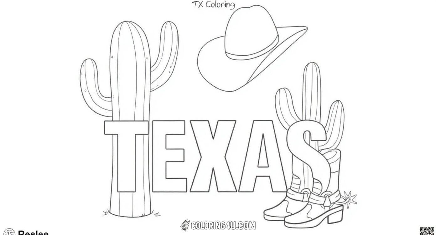 Get ready to color Texas! This lively page includes tall cacti, a cowboy hat, and classic cowboy boots with spurs, plus the word 'TEXAS' prominently displayed. A small outline of the Texas state map is included, making this a perfect coloring activity for kids to explore symbols of Texas culture.