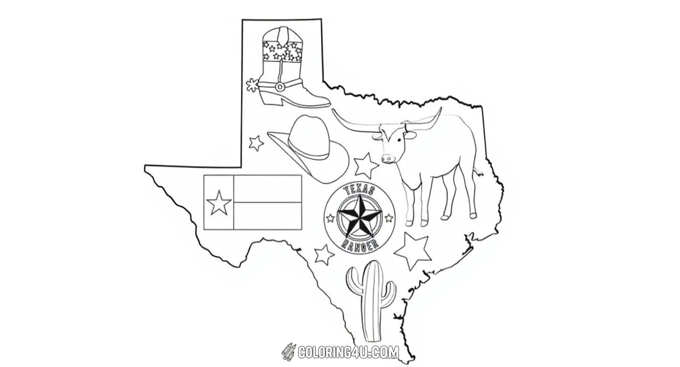 Discover Texas with this exciting coloring page filled with classic Texas icons! Kids can color a longhorn steer, cowboy boots, a cowboy hat, the Texas flag, a cactus, and a Texas Ranger badge, all arranged inside the outline of the state of Texas. The bold 'TEXAS' lettering invites children to add vibrant colors to this celebration of the Lone Star State.