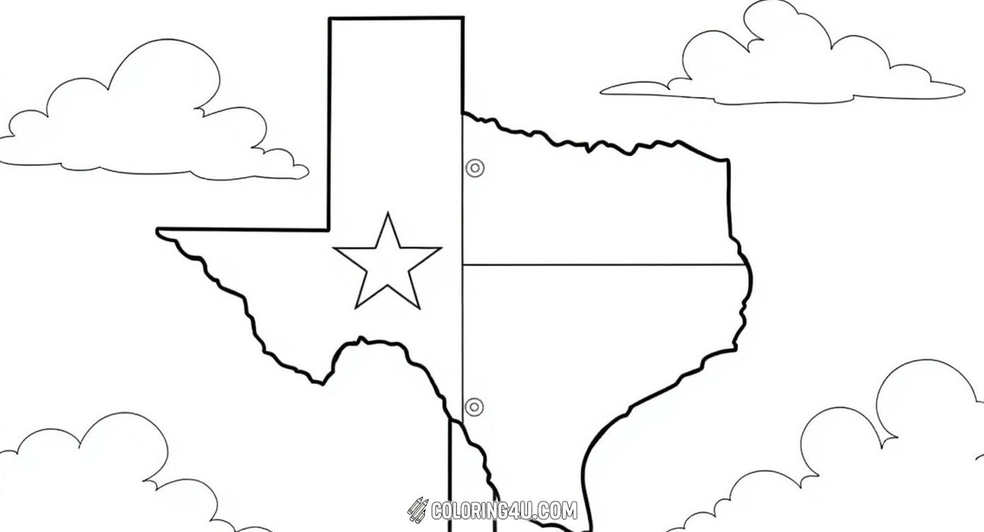 This fun coloring page features a road sign in the shape of the state of Texas with a large star in the center, symbolizing the Lone Star State. The sky and clouds in the background add to the scenic view, inviting kids to bring this iconic Texas symbol to life with their favorite colors.
