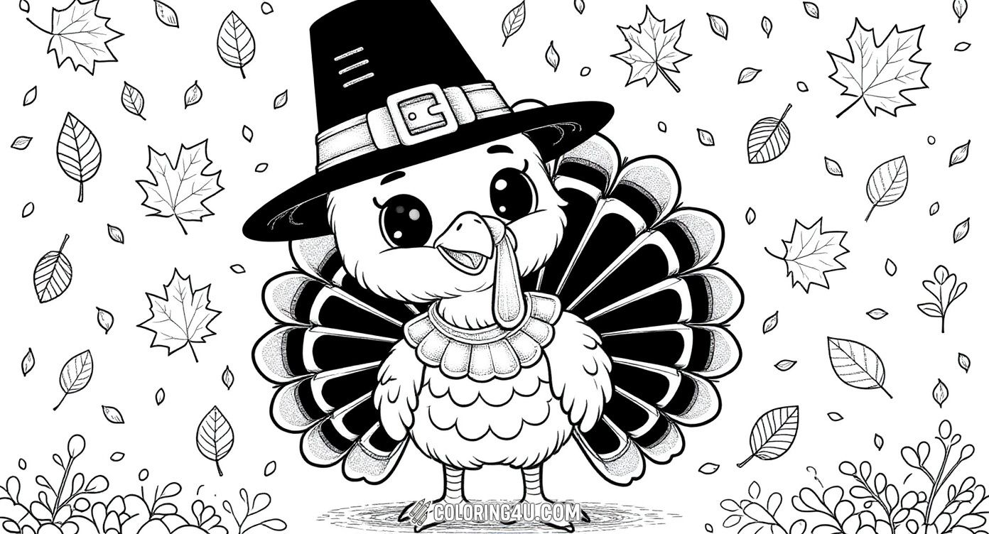 Join this adorable turkey wearing a traditional pilgrim hat surrounded by falling autumn leaves and pumpkins. This fun thanksgiving coloring page is perfect for kids to bring the festive holiday spirit to life with their favorite colors.