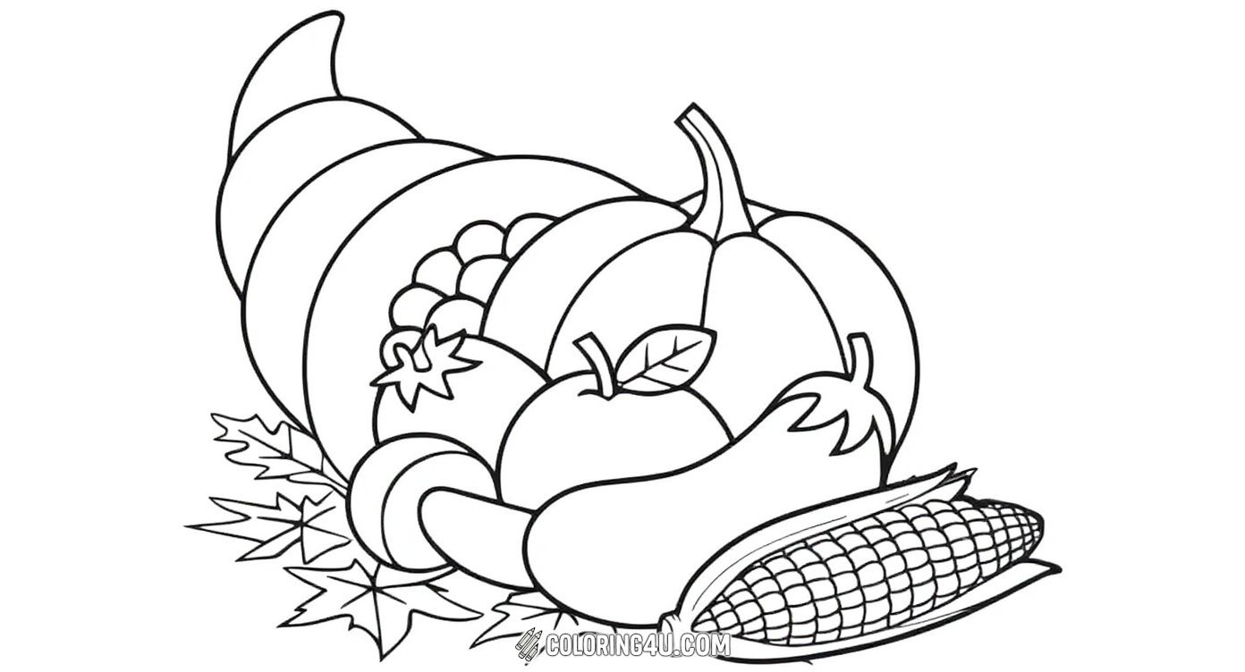 This simple yet charming coloring page depicts a cornucopia overflowing with fruits and vegetables like pumpkin, apple, corn, and squash, framed by autumn leaves. Kids will love coloring this classic symbol of abundance and thanksgiving.