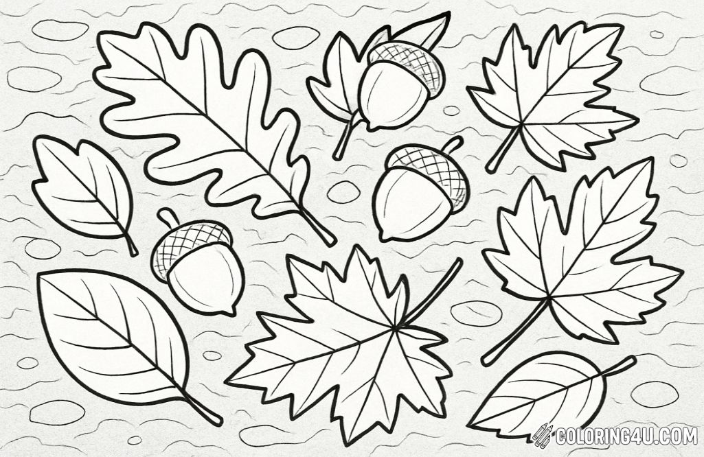 A coloring page featuring an assortment of colorful fall leaves and acorns scattered on a textured surface. The leaves are in various shapes and sizes, showcasing the vibrant colors of autumn. Acorns are nestled among the leaves, adding an earthy touch to the scene. This design captures the essence of the Thanksgiving season, emphasizing nature's beauty and the harvest time, allowing for creative coloring opportunities.