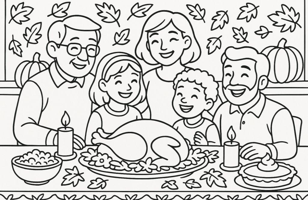 A warm and inviting scene depicting a diverse family gathered around a dining table filled with traditional Thanksgiving foods, such as roast turkey, stuffing, and pumpkin pie. The family members are smiling and interacting, showcasing joy and togetherness. The background includes autumn-themed decorations, like leaves and pumpkins, while the table is adorned with a festive tablecloth and candles, emphasizing the holiday spirit.