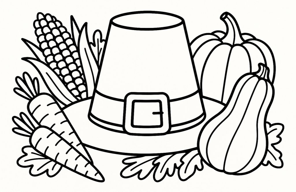 A coloring page featuring a classic pilgrim hat surrounded by an assortment of colorful vegetables commonly associated with Thanksgiving. The hat is adorned with a simple buckle, and the vegetables include corn, carrots, and squash, arranged artistically around the hat. The design is suitable for children, with bold outlines to make coloring easy and enjoyable.
