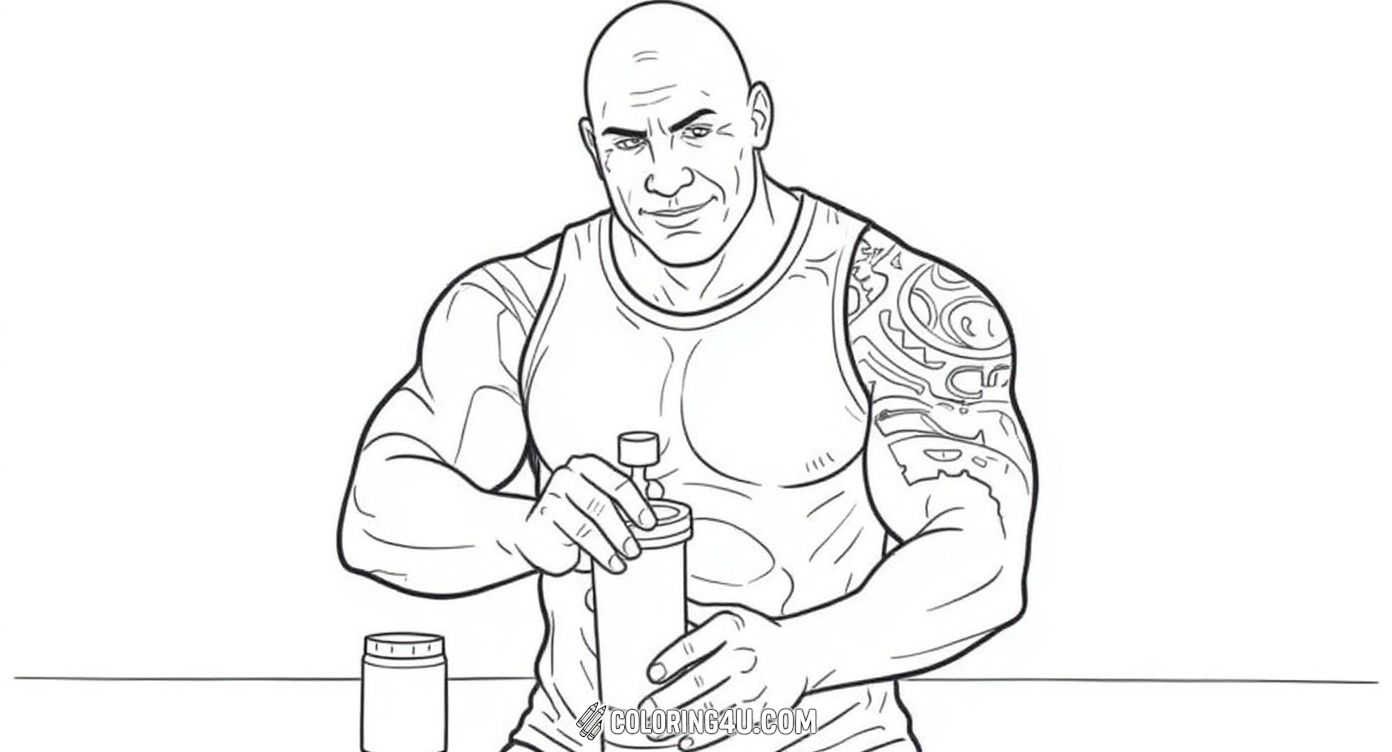 In this lively coloring page, The Rock is shown smiling while preparing a protein shake, surrounded by fitness containers. Kids can add vibrant colors to his tank top, tattoos, and the healthy workout scene, inspiring them to embrace a healthy lifestyle and big smiles!