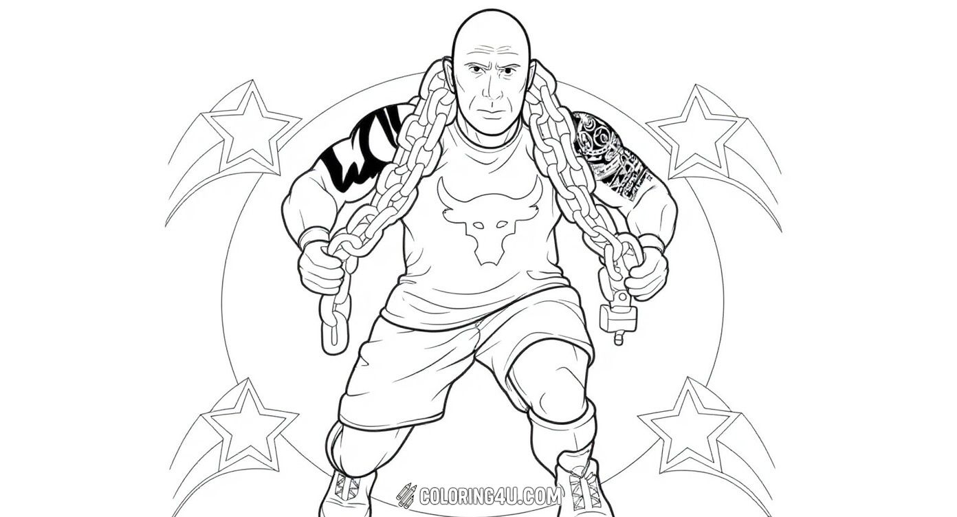 This exciting coloring page features The Rock in action, running with heavy chains draped over his shoulders. Kids can enjoy coloring his strong muscles, signature tattoos, and motivational energy surrounded by stars and bold text. Perfect for fans of fitness and determination!