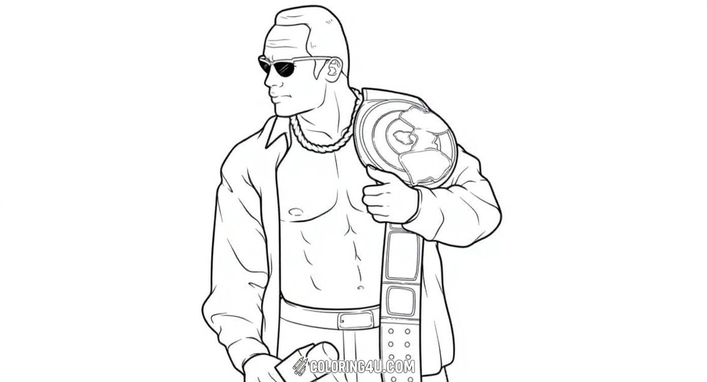 Get ready to color The Rock as a wrestling champion holding his championship belt proudly and gripping a microphone. This dynamic image captures his confident pose and cool attitude, making it a fun and inspiring coloring sheet for kids who love sports and wrestling heroes.