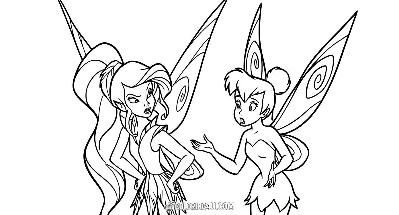 Here, Tinker Bell appears alongside Fawn, a fellow fairy from the Disney Fairies series. The two fairies seem to be having an animated conversation, making it a fun scene for kids to color and imagine their own fairy adventures in Pixie Hollow.