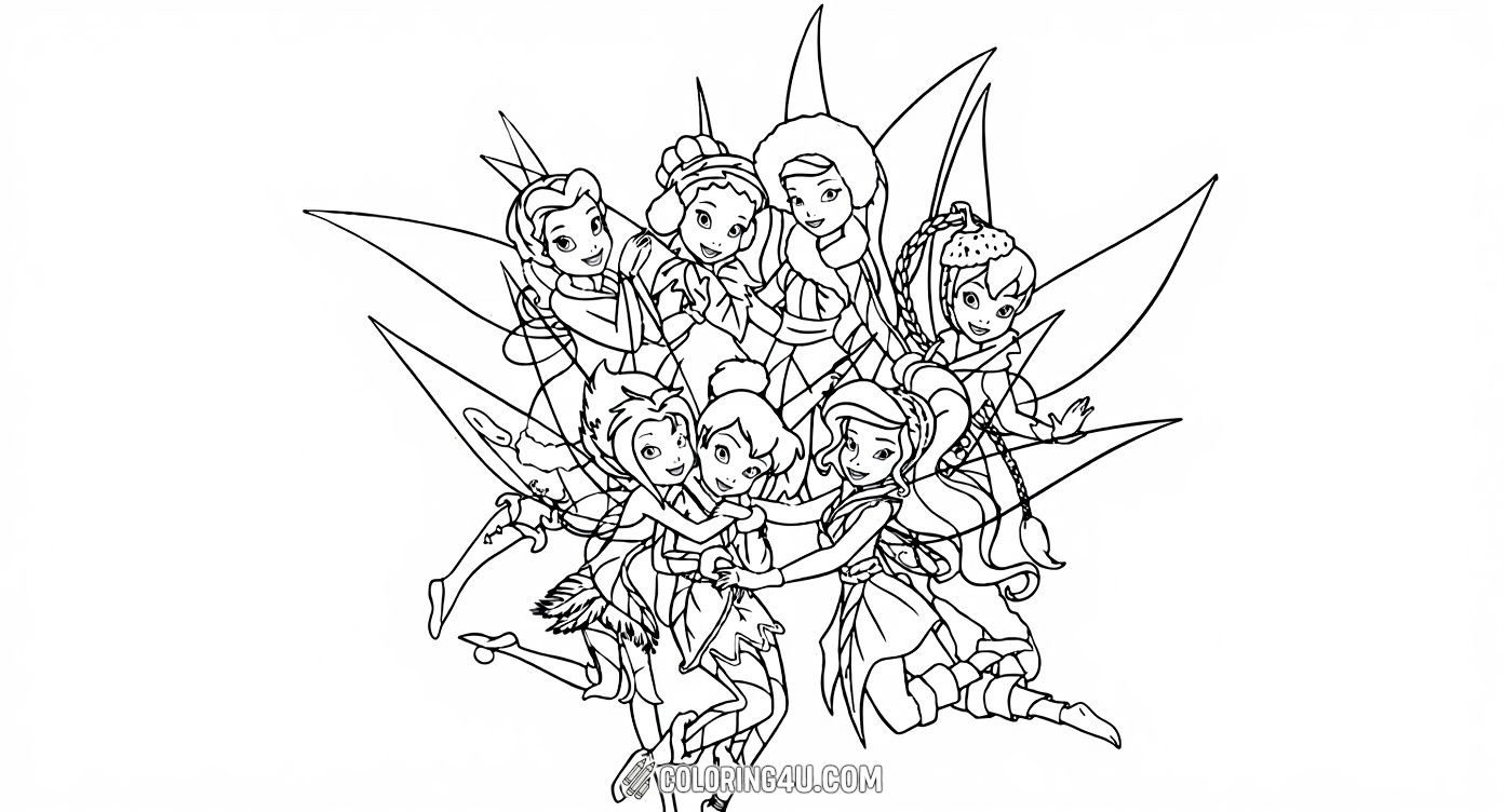 Color a joyful gathering of Tinker Bell and her fairy friends sharing a happy moment together. Each fairy has a unique look and personality, making this page fun to fill with lots of colors and creativity. Perfect for kids who adore Disney fairies!