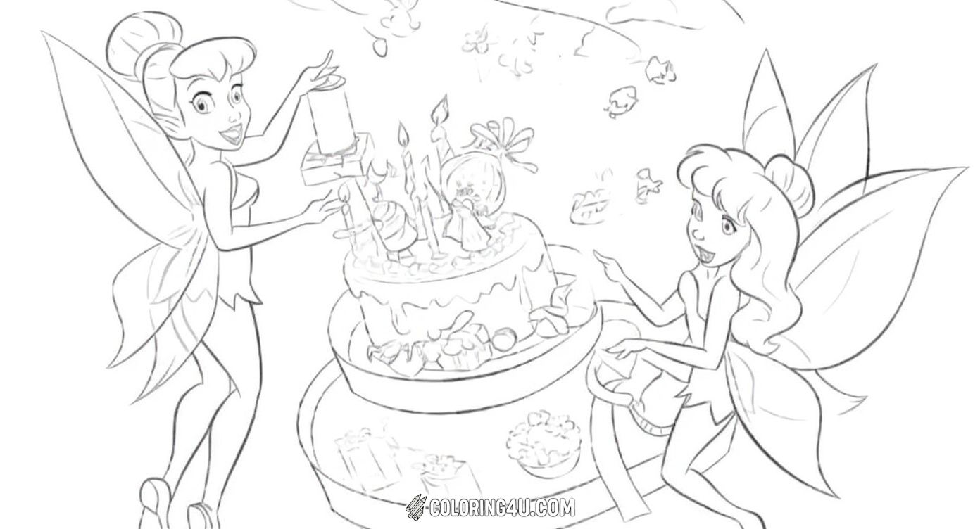 Celebrate with Tinker Bell and her fairy friends as they prepare a magical birthday cake surrounded by fairy treats and decorations. This lively coloring page invites kids to color the festive scene with bright and cheerful colors, making the party come to life.