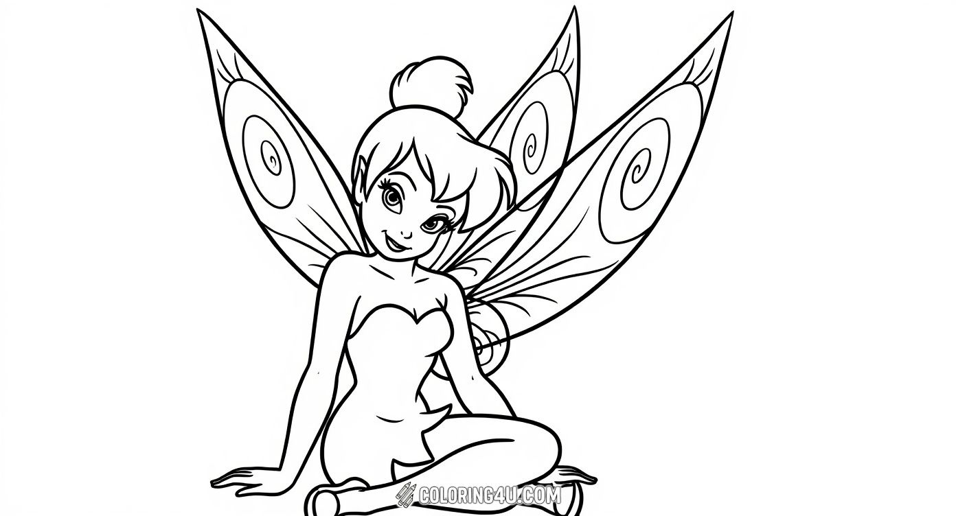This delightful coloring page features Tinker Bell, the charming fairy from Disney's Peter Pan, sitting gracefully with her shimmering wings spread behind her. Kids can enjoy bringing this magical character to life with their own colorful creativity!