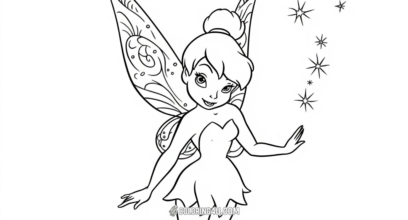 Join Tinker Bell as she sprinkles her magical fairy dust, bringing sparkle and joy to the world around her. This enchanting coloring page is perfect for kids who love fairies and want to add their own colors to this charming scene.