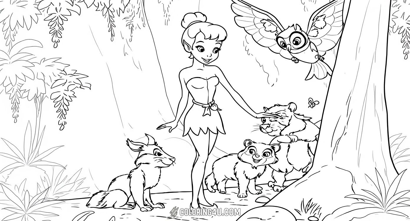 This charming coloring page depicts Tinker Bell surrounded by friendly forest animals, including a fox, bear cub, raccoon, and a wise owl soaring overhead. It's a heartwarming scene that invites kids to explore the magic of nature and friendship through coloring.