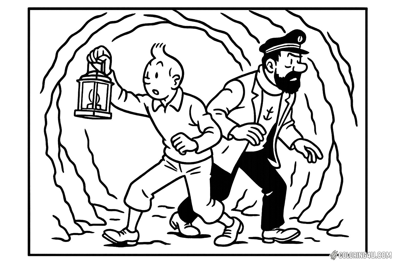 Join Tintin and Captain Haddock as they explore a mysterious cave, illuminated by Tintin's lantern. The duo's expressions reveal a mix of curiosity and excitement as they navigate the winding paths of the cave. This adventurous scene is perfect for coloring, allowing kids to bring their imagination to life with vibrant colors and creative details.