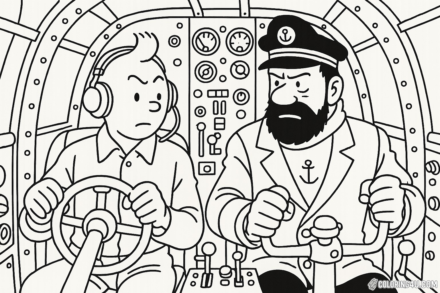 Join Tintin and Captain Haddock as they navigate the skies in their airplane cockpit! Tintin, focused and determined, grips the control wheel, while Captain Haddock, sporting his iconic captain's hat and a serious expression, prepares for adventure. The detailed cockpit is filled with dials and levers, waiting for your colorful touch to bring this thrilling scene to life!