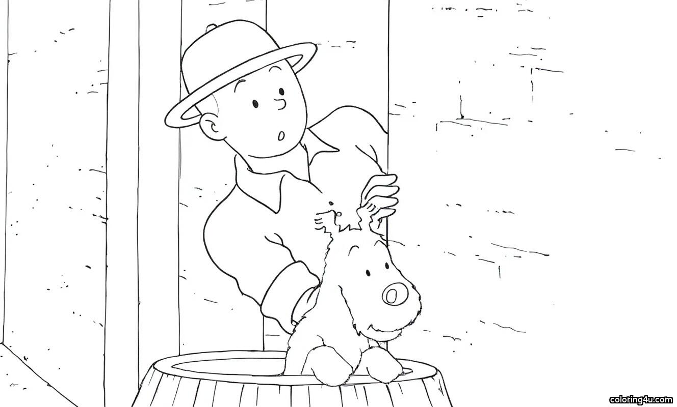 A young man in a white shirt and hat peeks out from behind a wall, holding a small white dog that has a cheerful expression. They both seem curious and ready for an adventure. The background features a simple, gray wall, adding to the playful atmosphere of the scene.